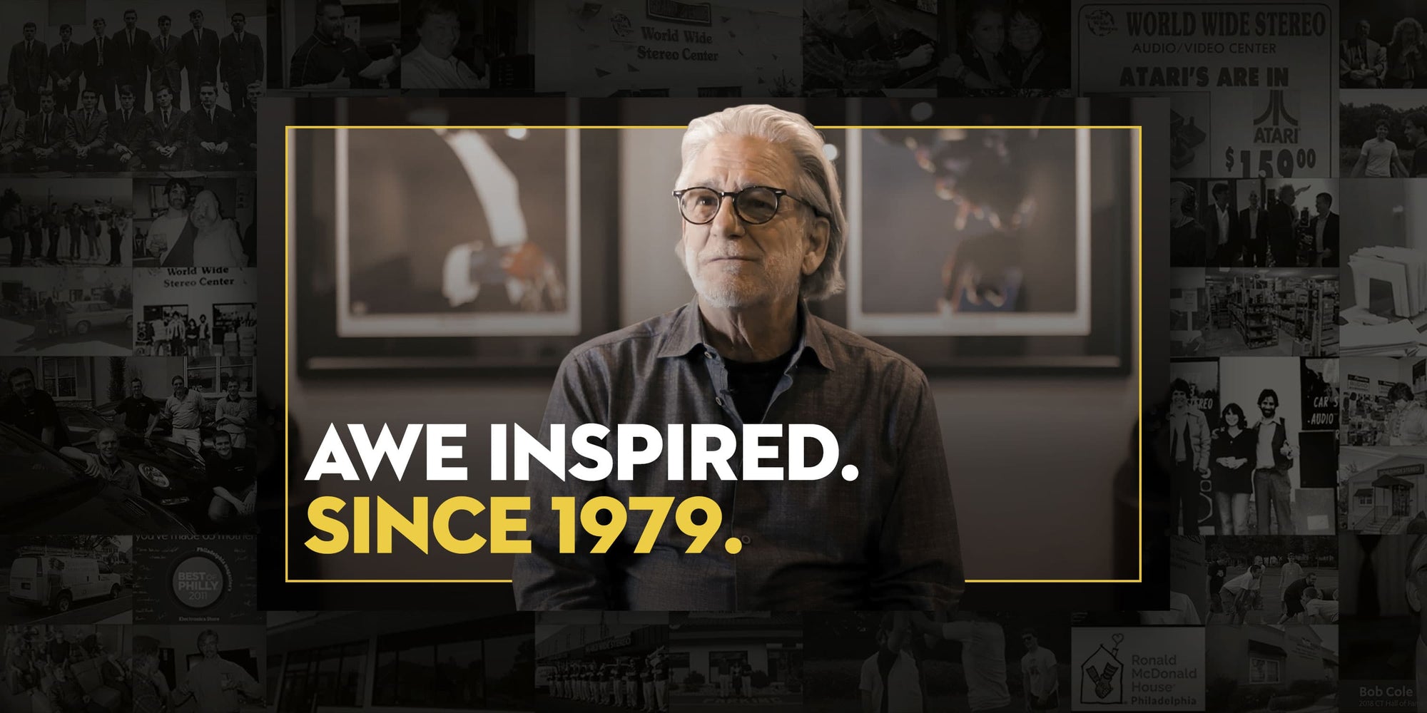 World Wide Stereo founder Bob Cole in front of a collage of company history photographs