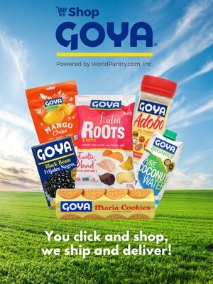 Goya online store launch graphic with branded foods and a Powered by WorldPantry.com line