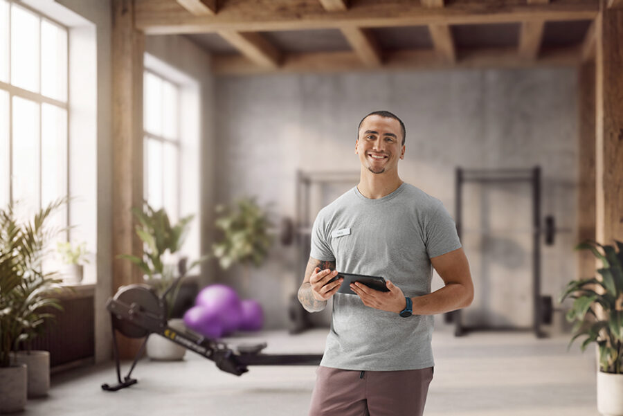 A payment terminal in a fitness business setting