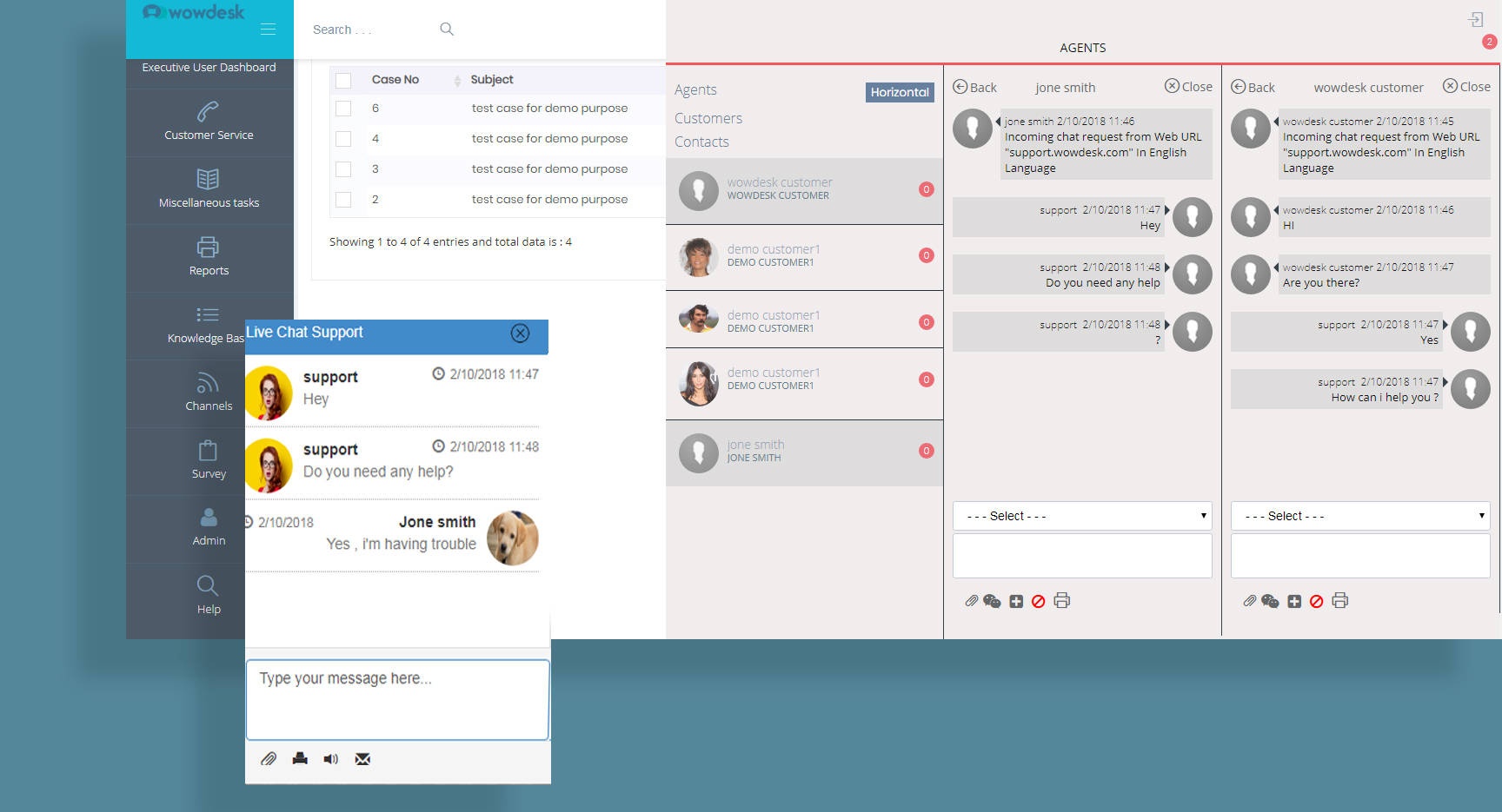 Archival Wowchat demo showing a case list, agent directory and parallel chat conversations