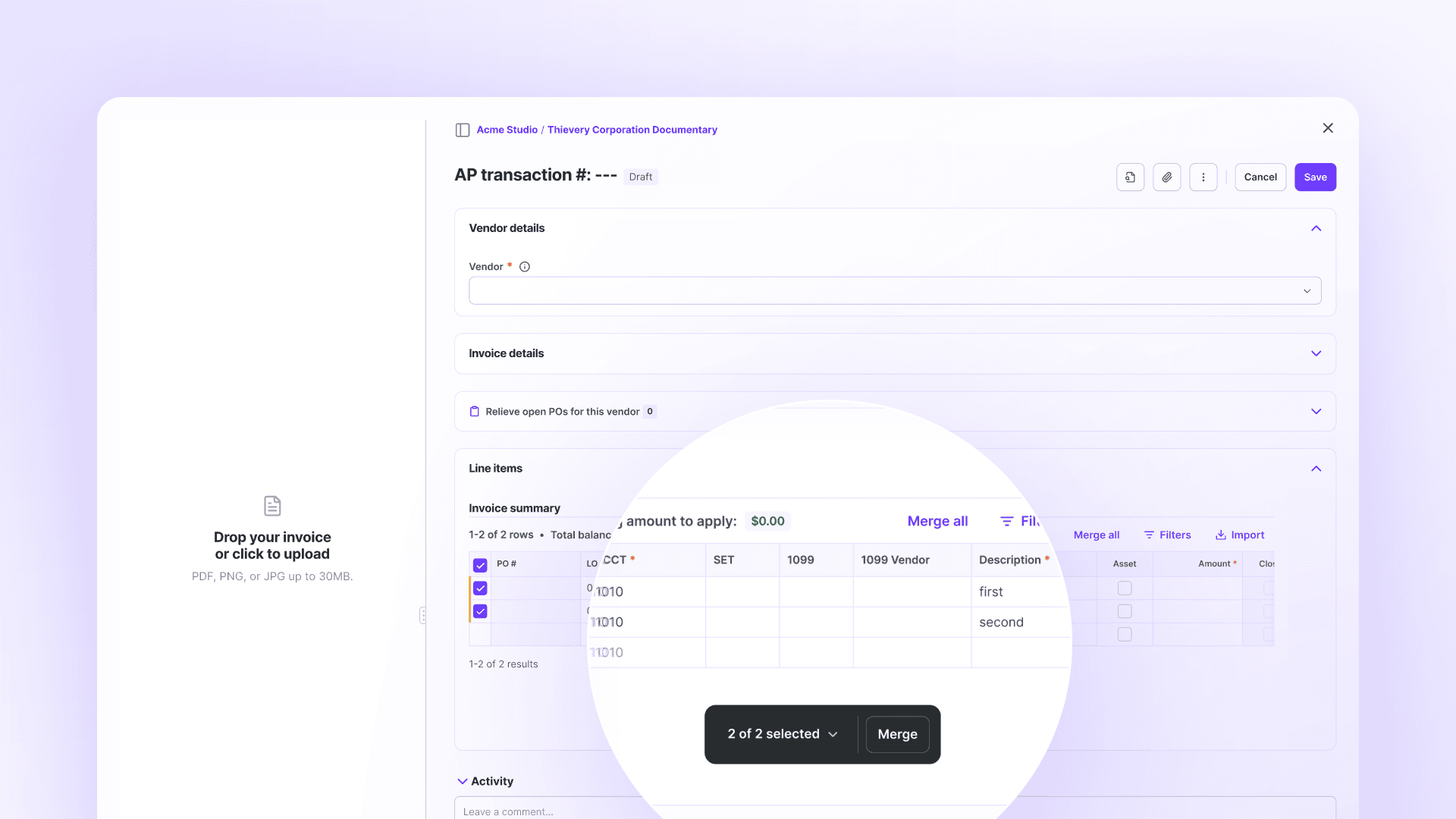 Wrapbook accounts payable interface showing the option to merge itemized invoice lines