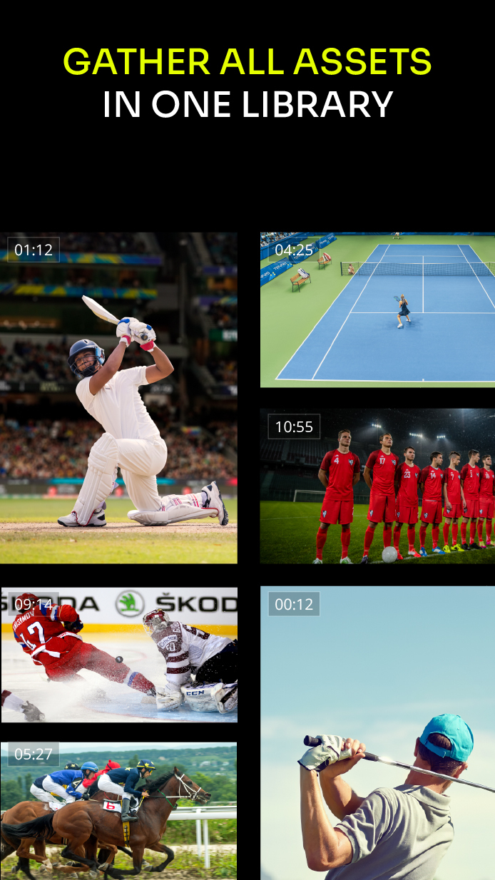 WSC Sports promotional image showing cricket, tennis, football, hockey, racing and golf assets in one library