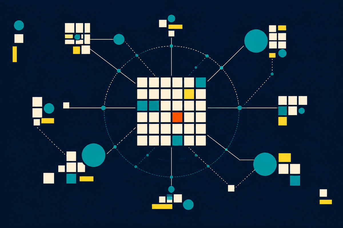 Geometric Swiss-style illustration of local nodes connected to a shared central network