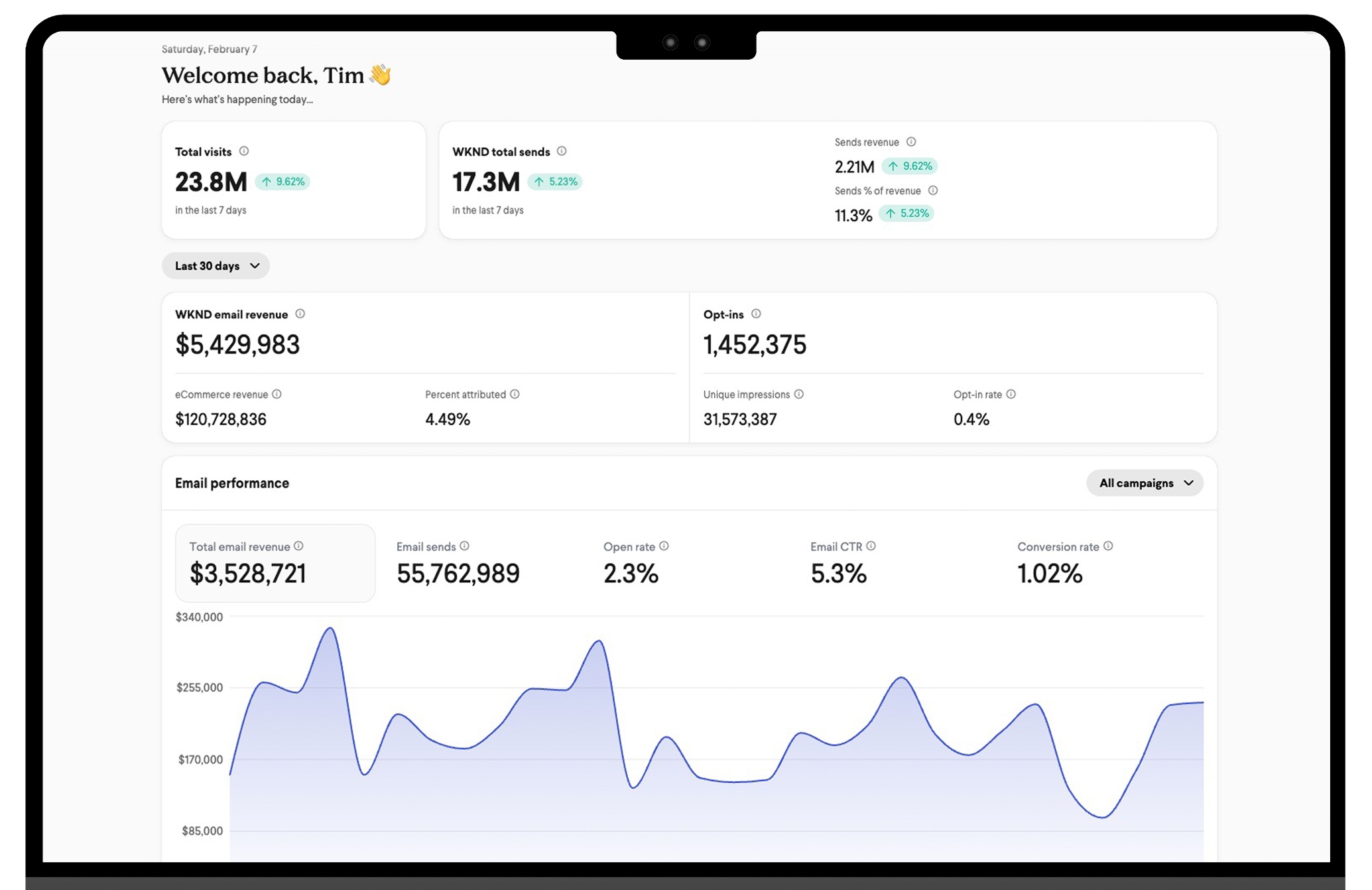 Wunderkind product dashboard mockup showing revenue, opt-ins, email metrics, and a trend chart