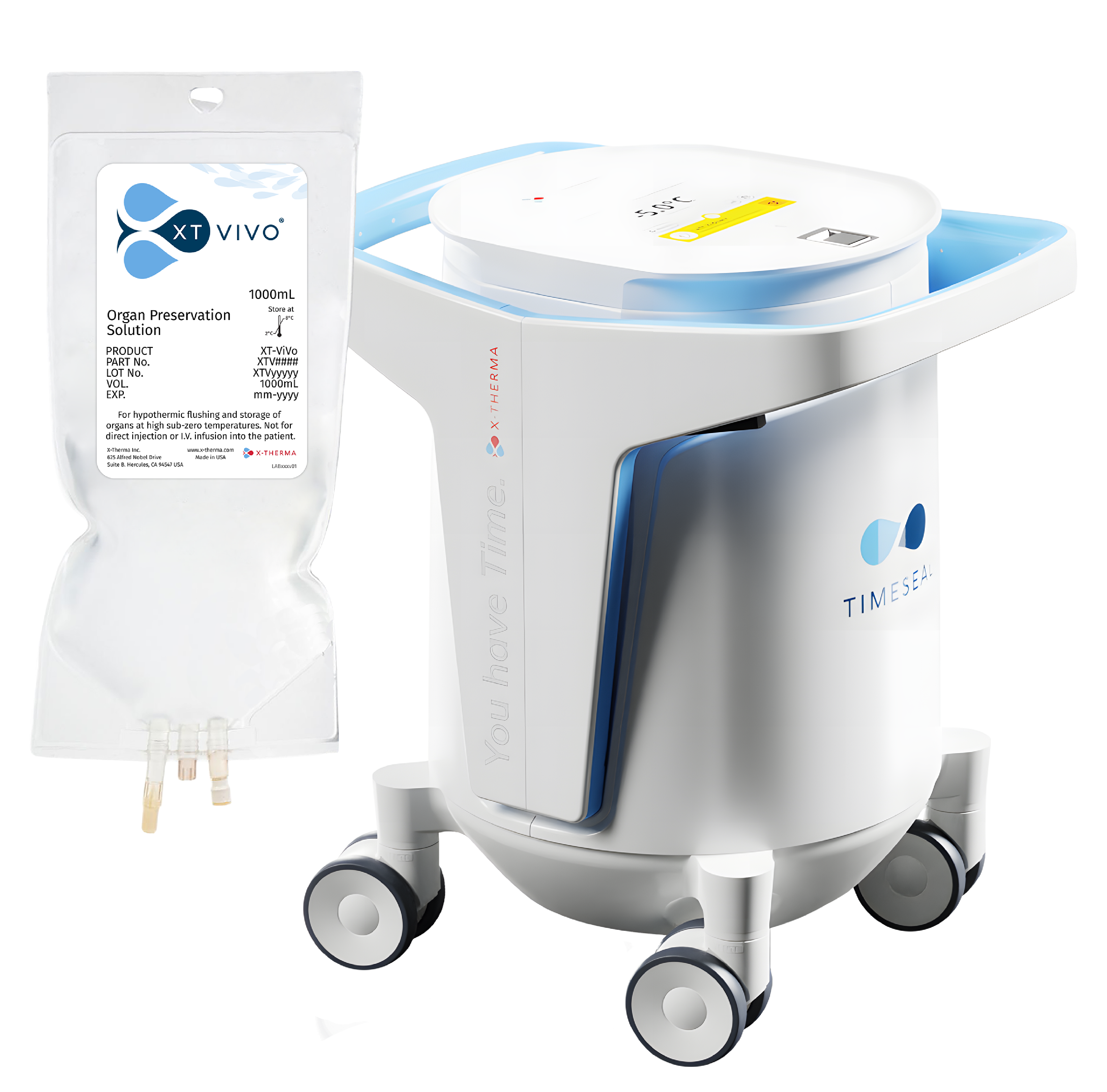 Product rendering of XT-ViVo preservation solution beside the TimeSeal transporter