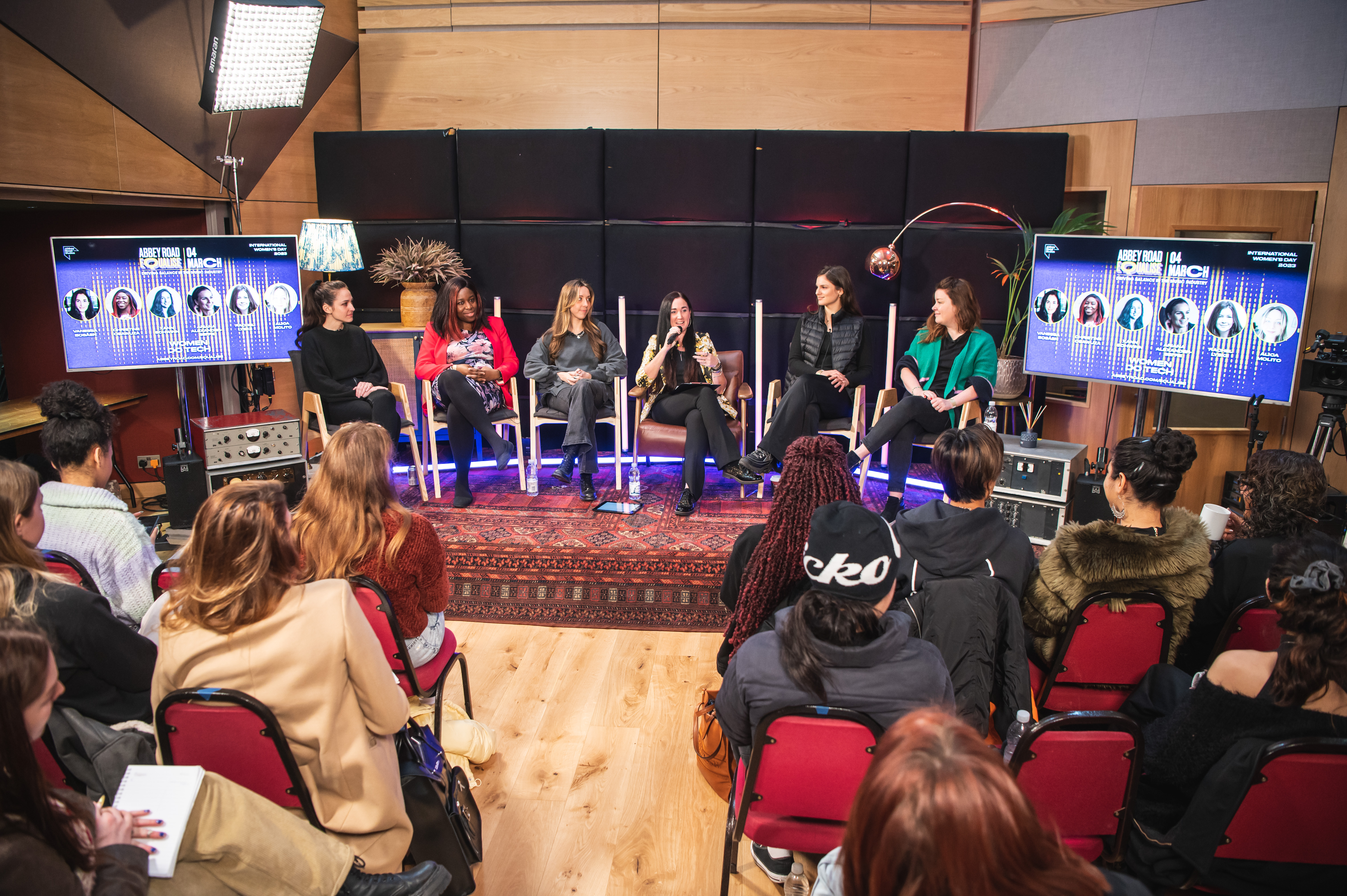 Xann Schwinn, third from the left, seated with fellow speakers at Abbey Road’s Women Do Tech panel in 2023