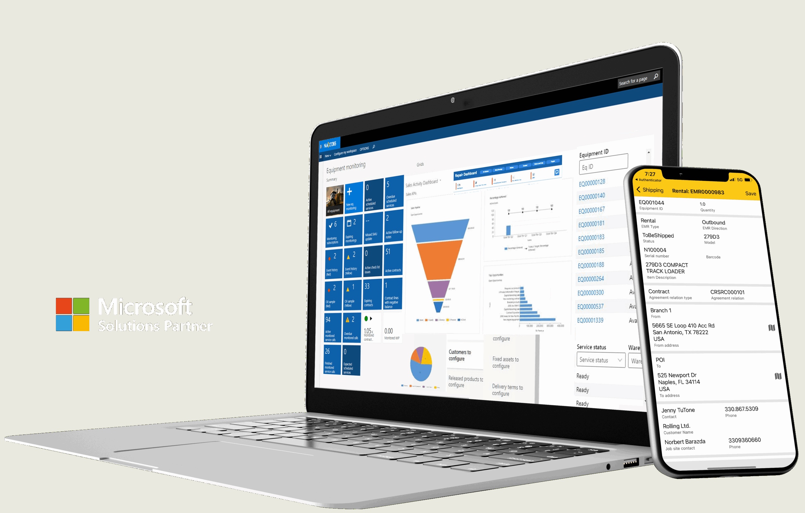 NAXT365 equipment monitoring dashboard on a laptop beside its mobile rental shipping interface