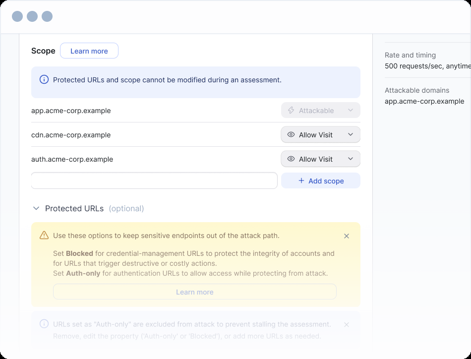 XBOW scope settings showing attackable domains, visit-only domains, and protected URLs