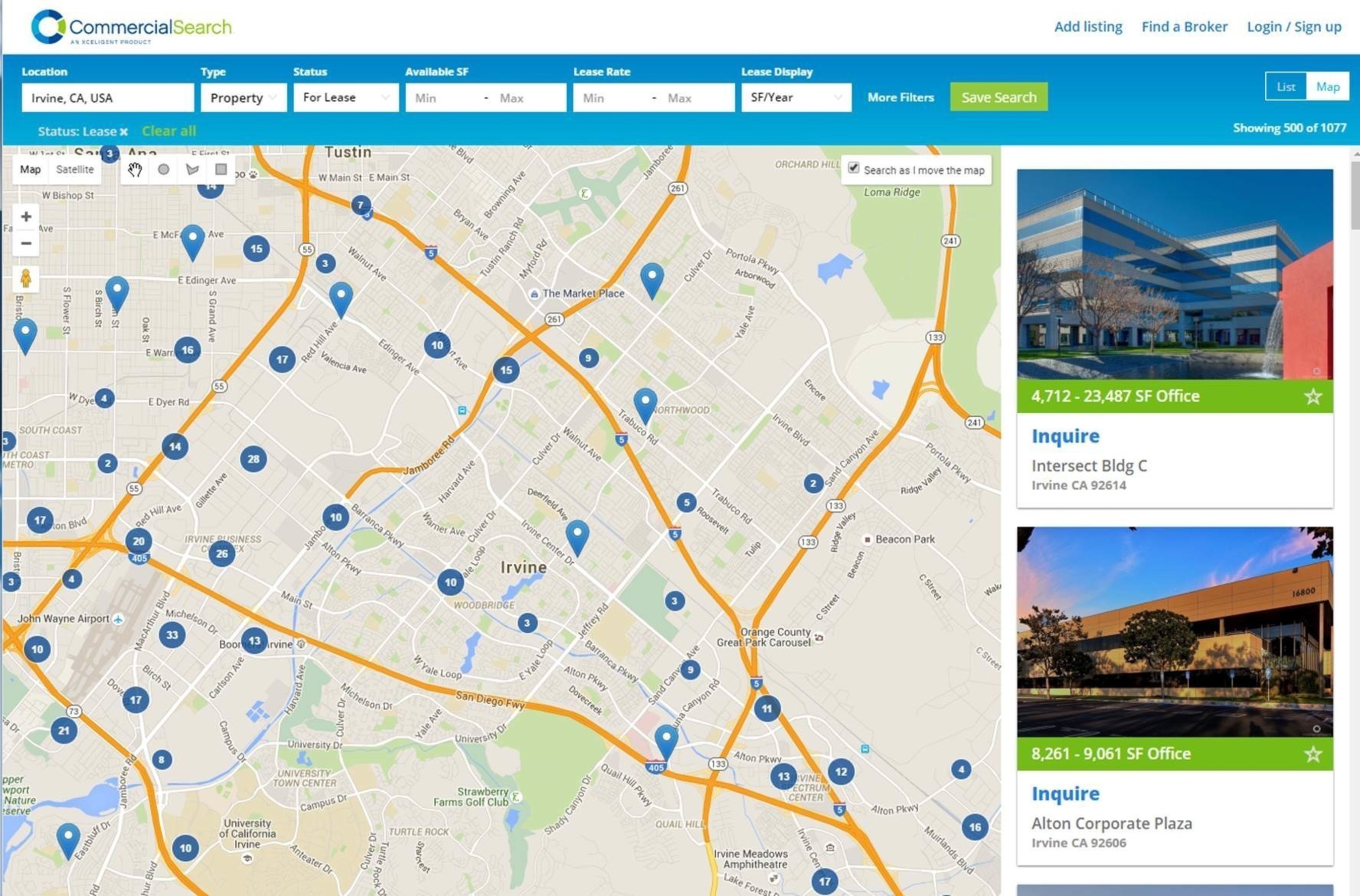 CommercialSearch’s 2016 interface showing an Irvine property map, filters and office listings