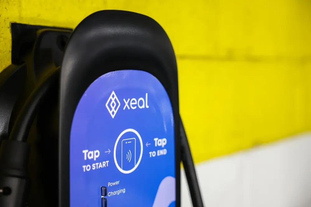 Close view of a Xeal electric vehicle charging station