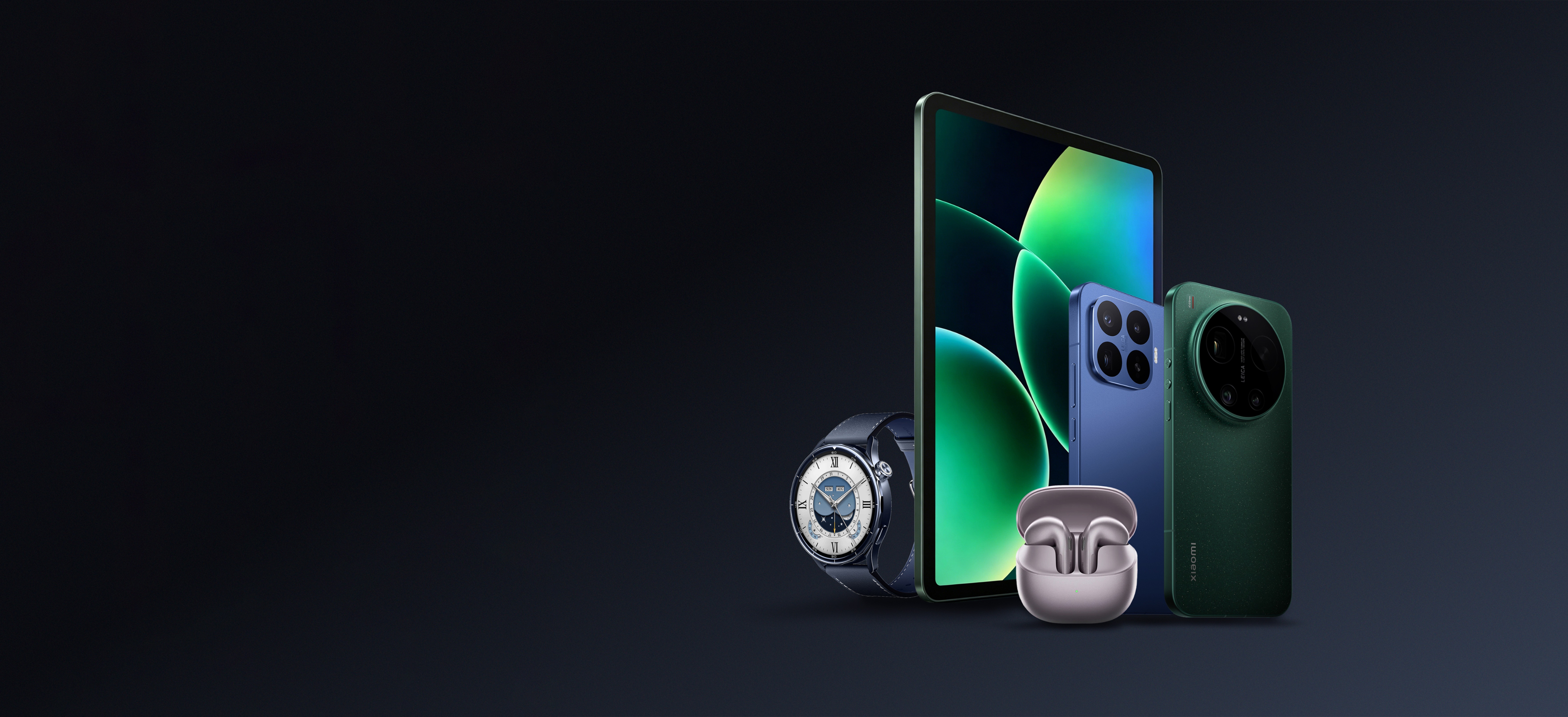 Xiaomi phones, tablet, watch and wireless earbuds arranged together