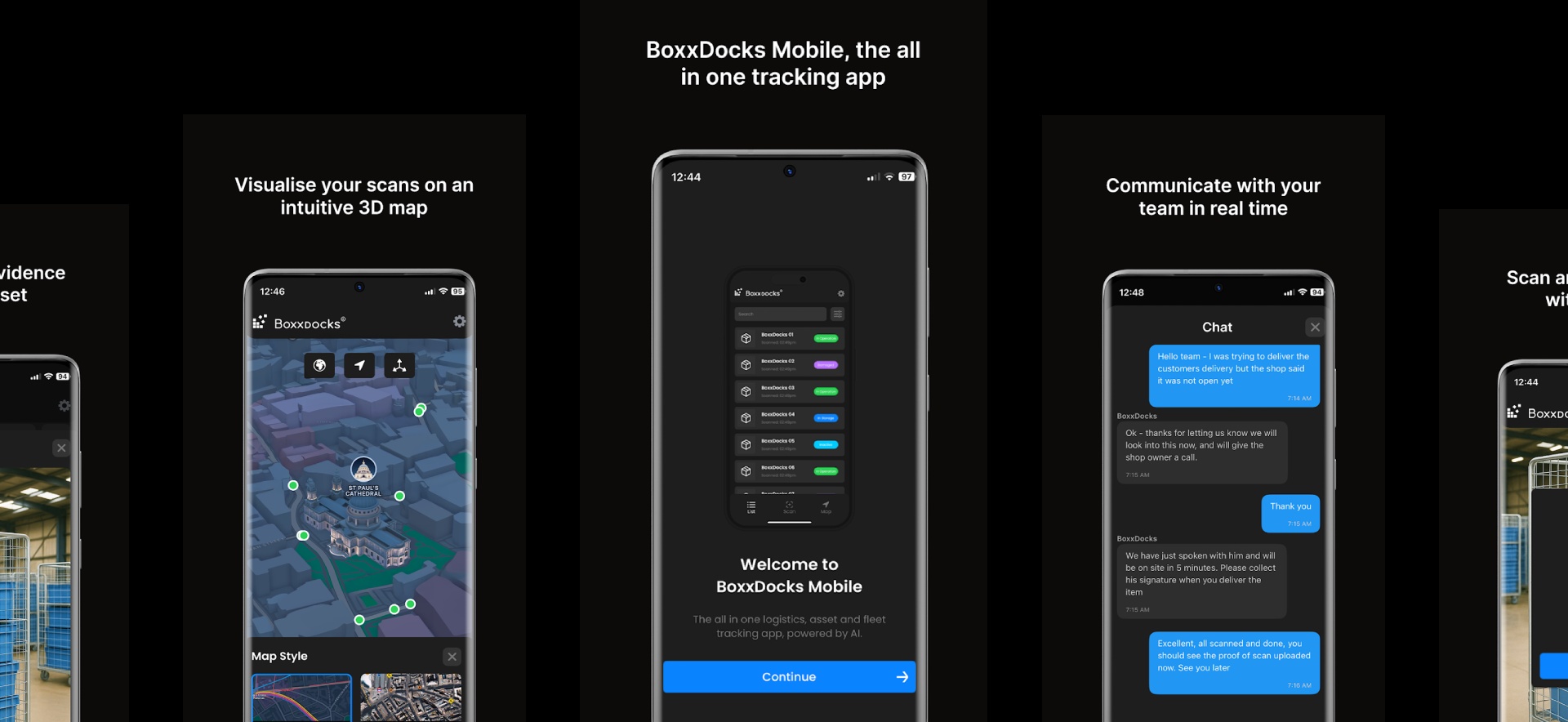BoxxDocks mobile app screens showing asset lists, a scan map and team chat