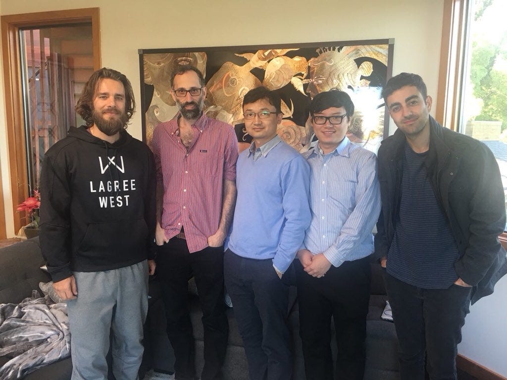 Xinshu Dong, at center, with colleagues during Zilliqa’s meeting with Truebit in San Francisco