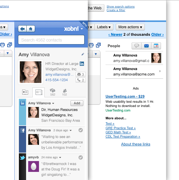 Xobni’s 2011 comparison showing its rich Gmail contact sidebar on the left and Gmail’s native people widget on the right