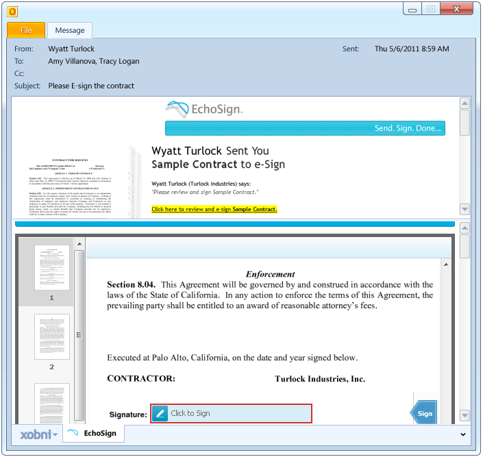 Xobni’s EchoSign gadget displaying an electronic contract and signing controls within an Outlook message