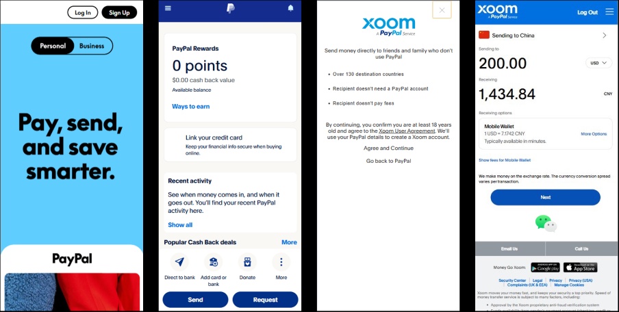 Four Xoom app screens showing how a sender selects China, enters an amount and chooses a Weixin receiving option