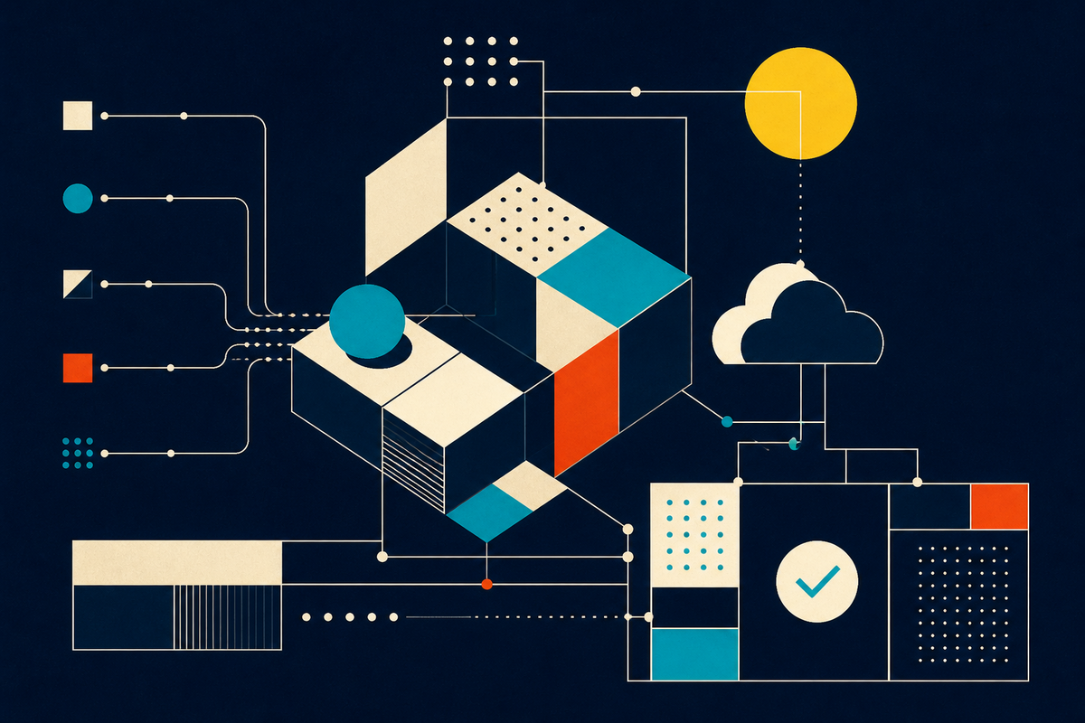Abstract Swiss-style system of geometric modules connected by data paths, suggesting cloud, software and quality engineering