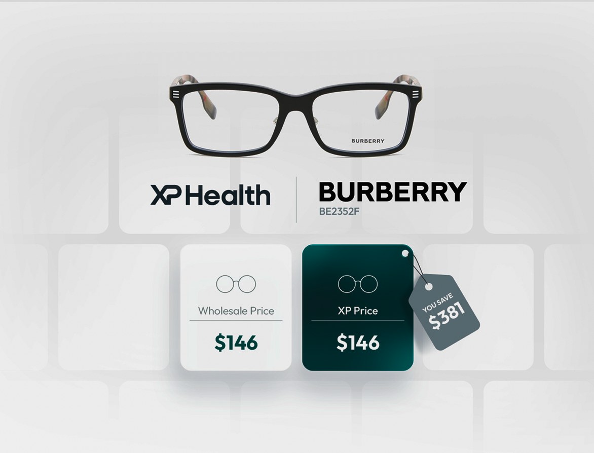 XP Health price graphic showing a Burberry frame at $146 with a claimed $381 saving