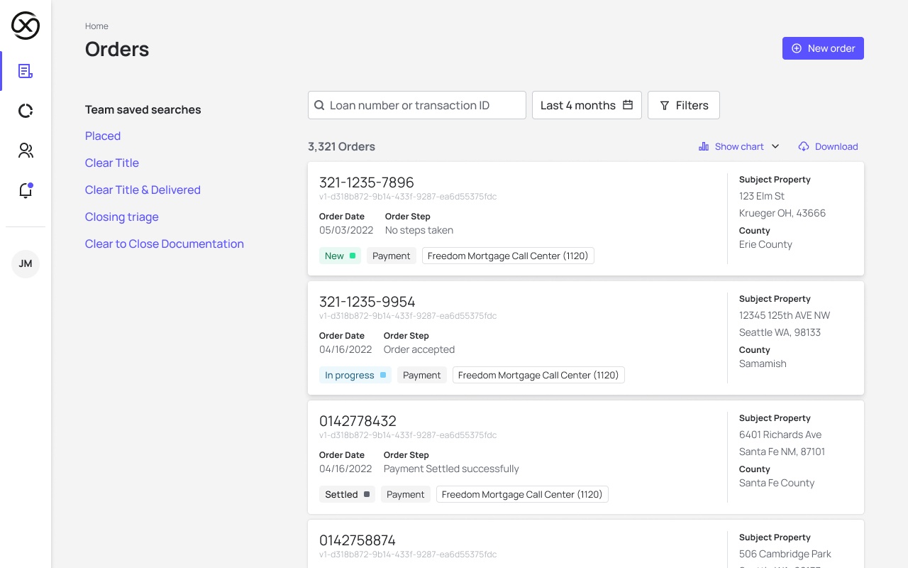 Historical Podium order-list design showing saved searches and order status cards