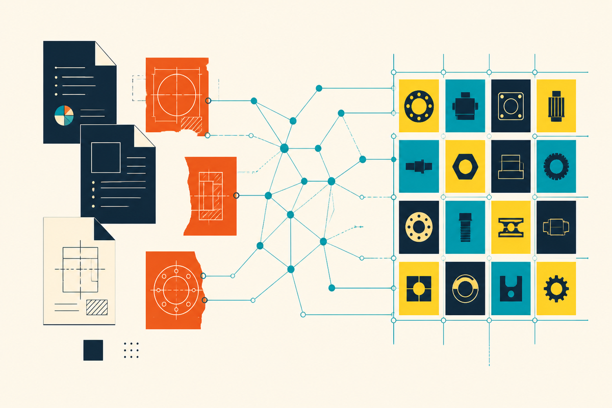 Abstract geometric illustration showing engineering documents flowing through a knowledge graph into an organized matrix of industrial parts