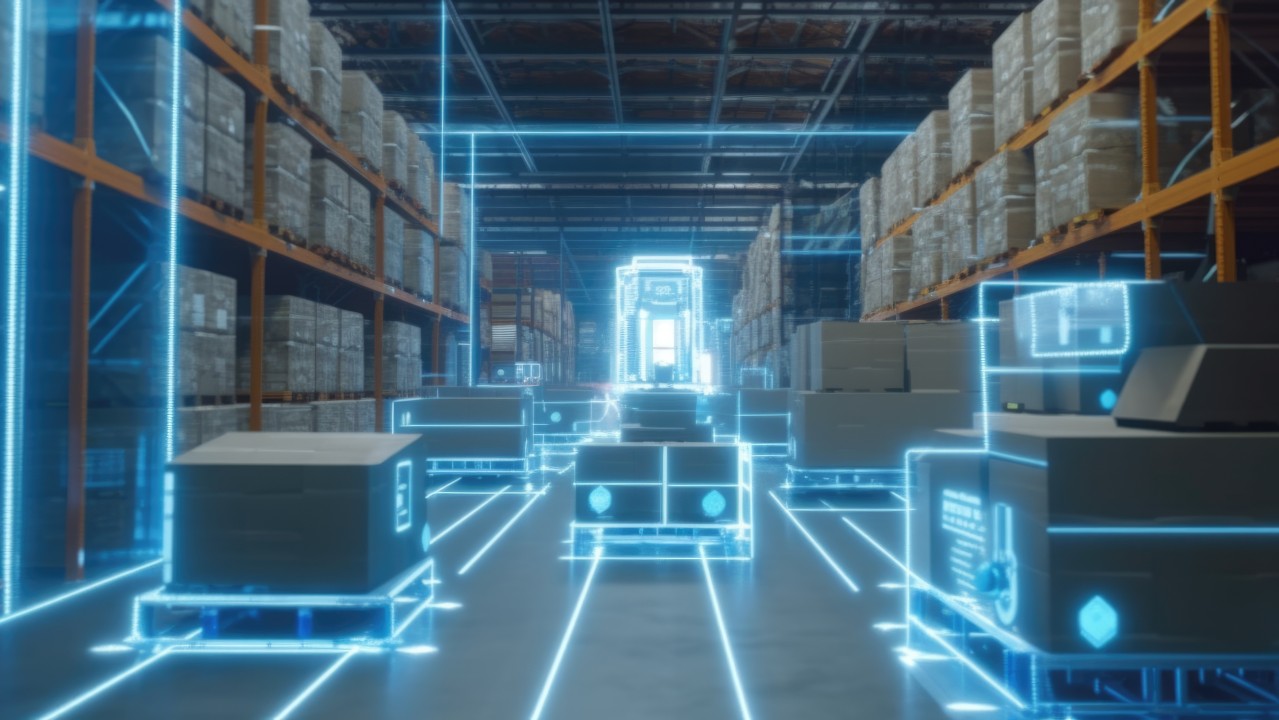 Autonomous guided vehicles moving pallets through a warehouse with illuminated navigation paths