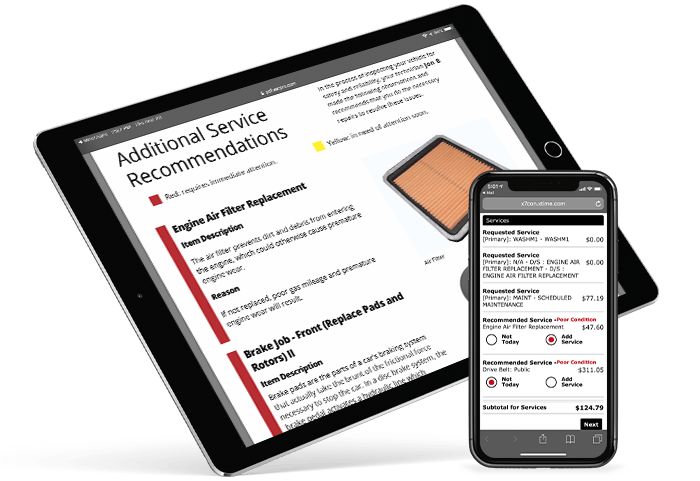 Xtime Inspect illustration showing repair recommendations on a tablet and phone