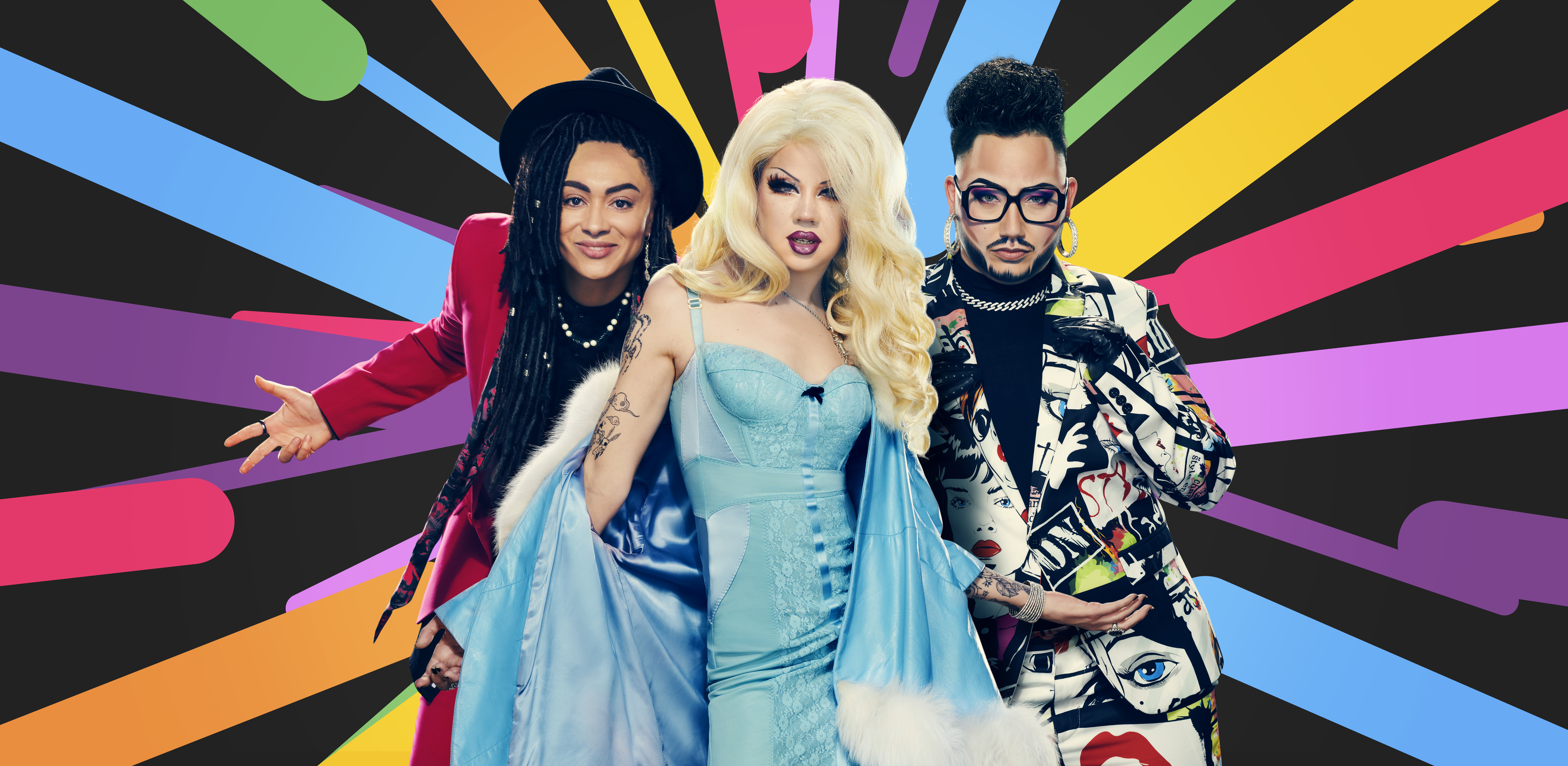 Colorful YouTube Shorts Pride campaign artwork featuring three performers