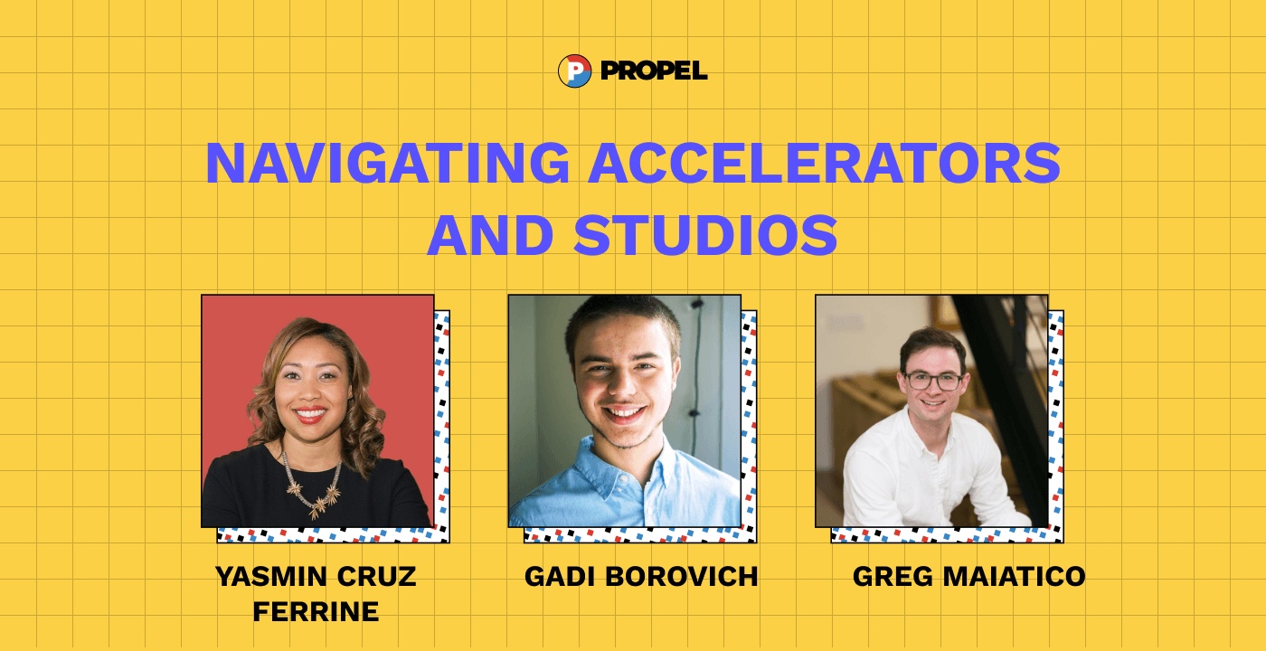 Propel event artwork showing Yasmin Cruz Ferrine, XX partner Gadi Borovich and Greg Maiatico
