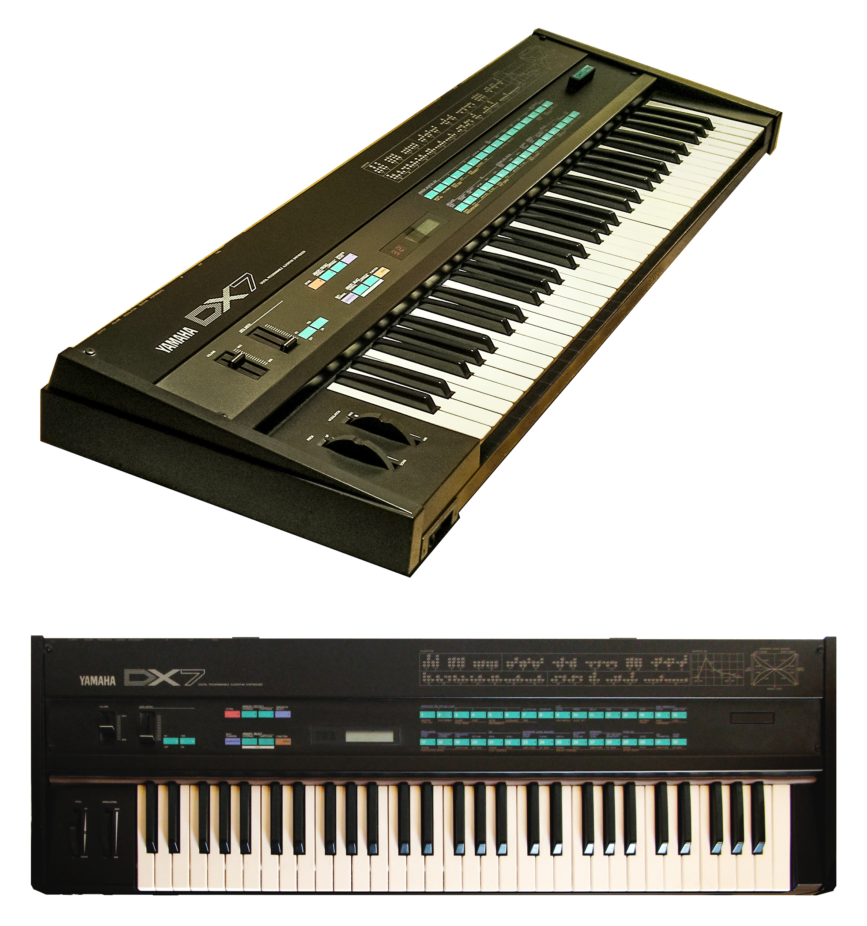 Yamaha DX7 synthesizer, diagonal and top views