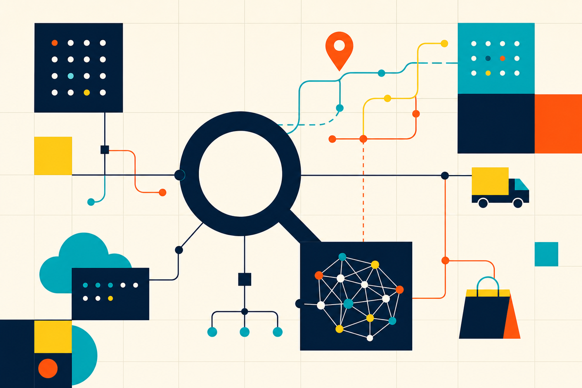 Abstract Swiss-style illustration connecting search, maps, delivery, commerce, cloud and artificial intelligence