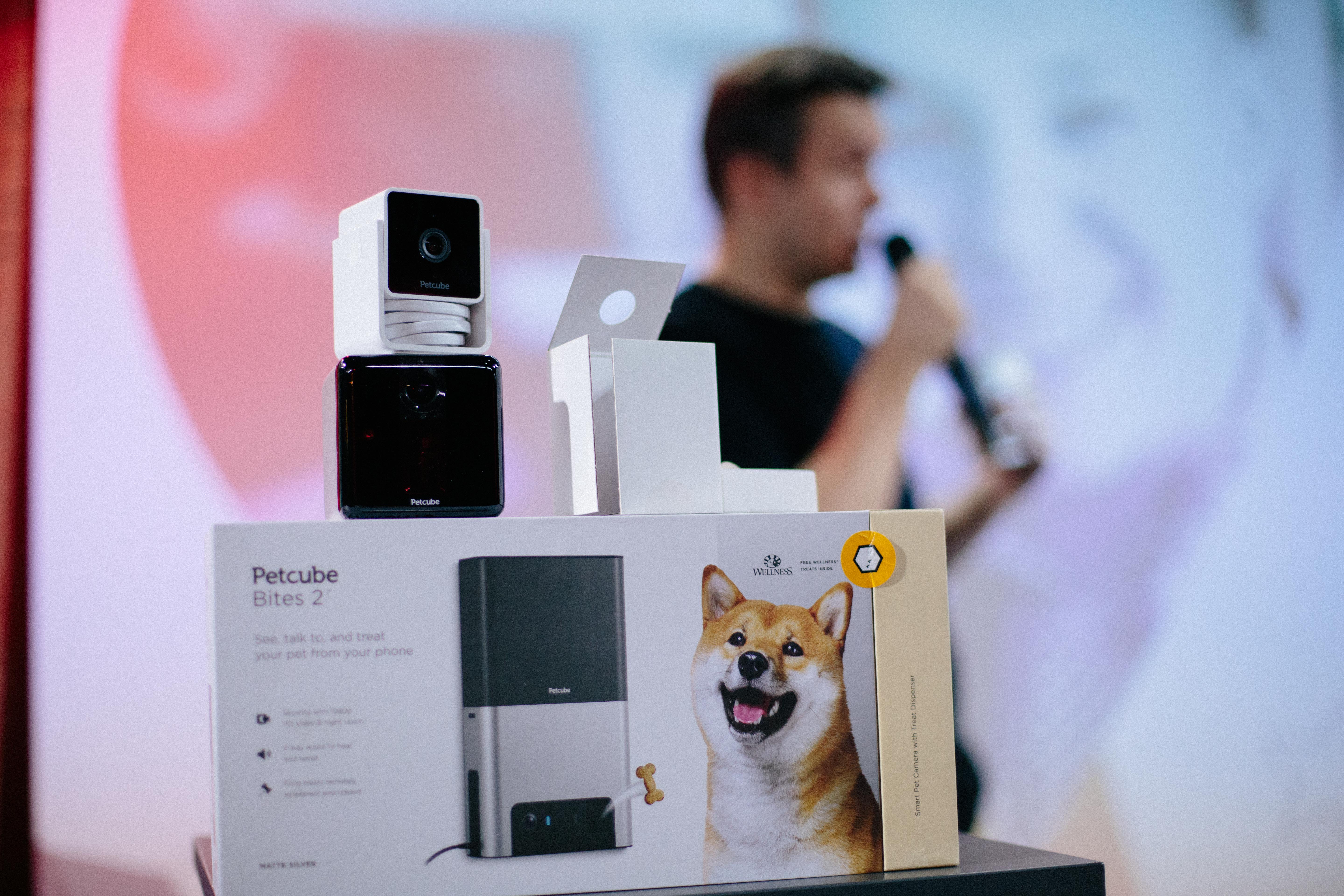 Petcube cameras and a Bites 2 box in focus, with Yaroslav Azhnyuk speaking behind them