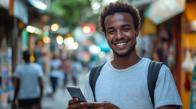 Yas promotional image of a smiling man holding a smartphone on a shopping street