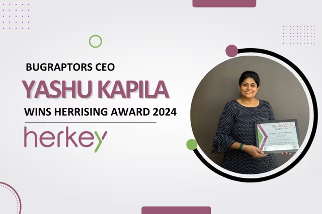 BugRaptors announcement graphic featuring Yashu Kapila holding her HerRising Award 2024 certificate