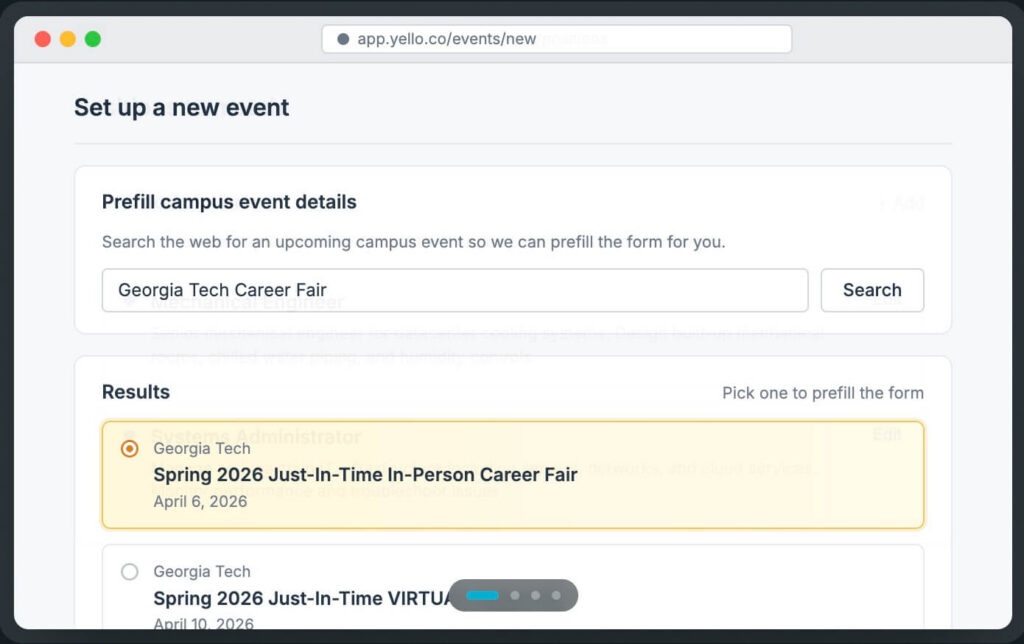 Yello event setup interface searching for a Georgia Tech career fair to prefill event details