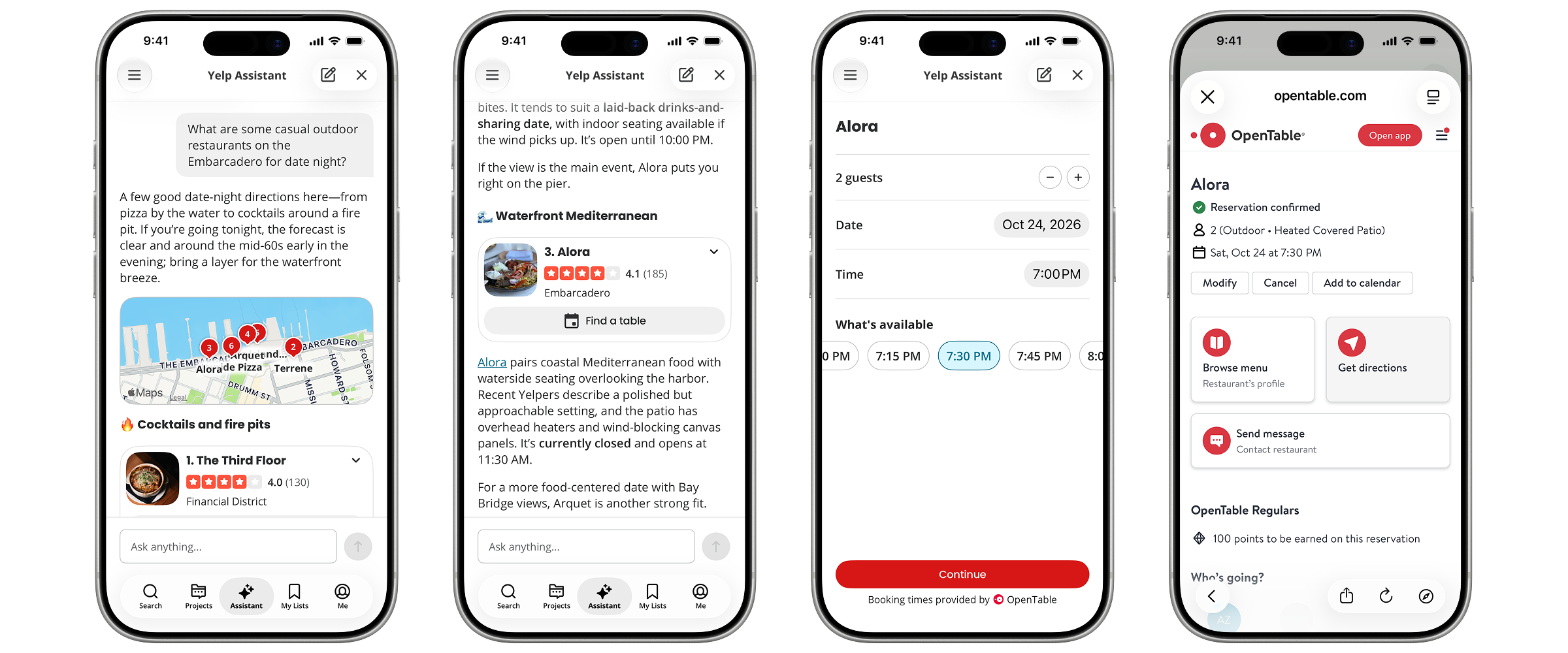 Four official Yelp Assistant screens show restaurant suggestions, weather context, table selection and an OpenTable booking confirmation