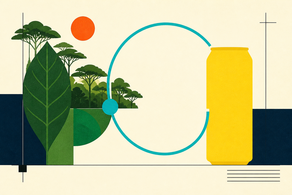 Abstract Swiss-style illustration connecting a yellow can to a green forest leaf with a teal circular line