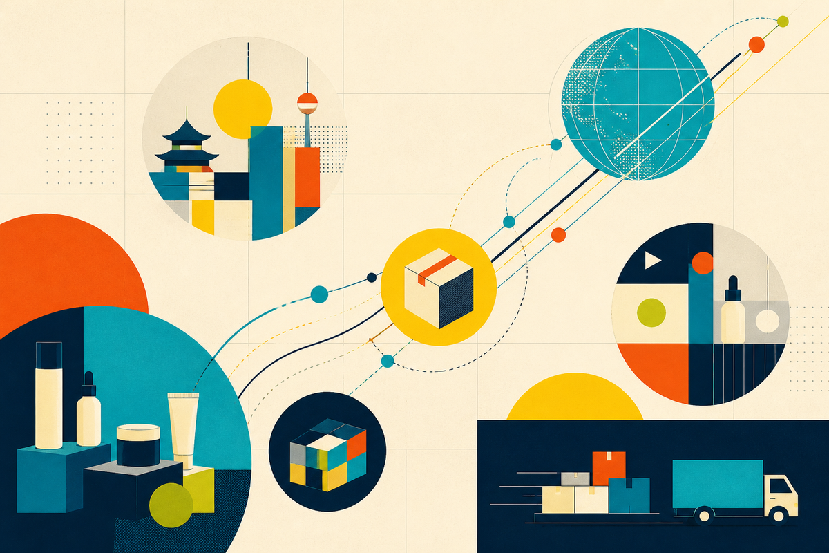 Abstract Swiss-style illustration connecting beauty products, parcels, creator media and a globe