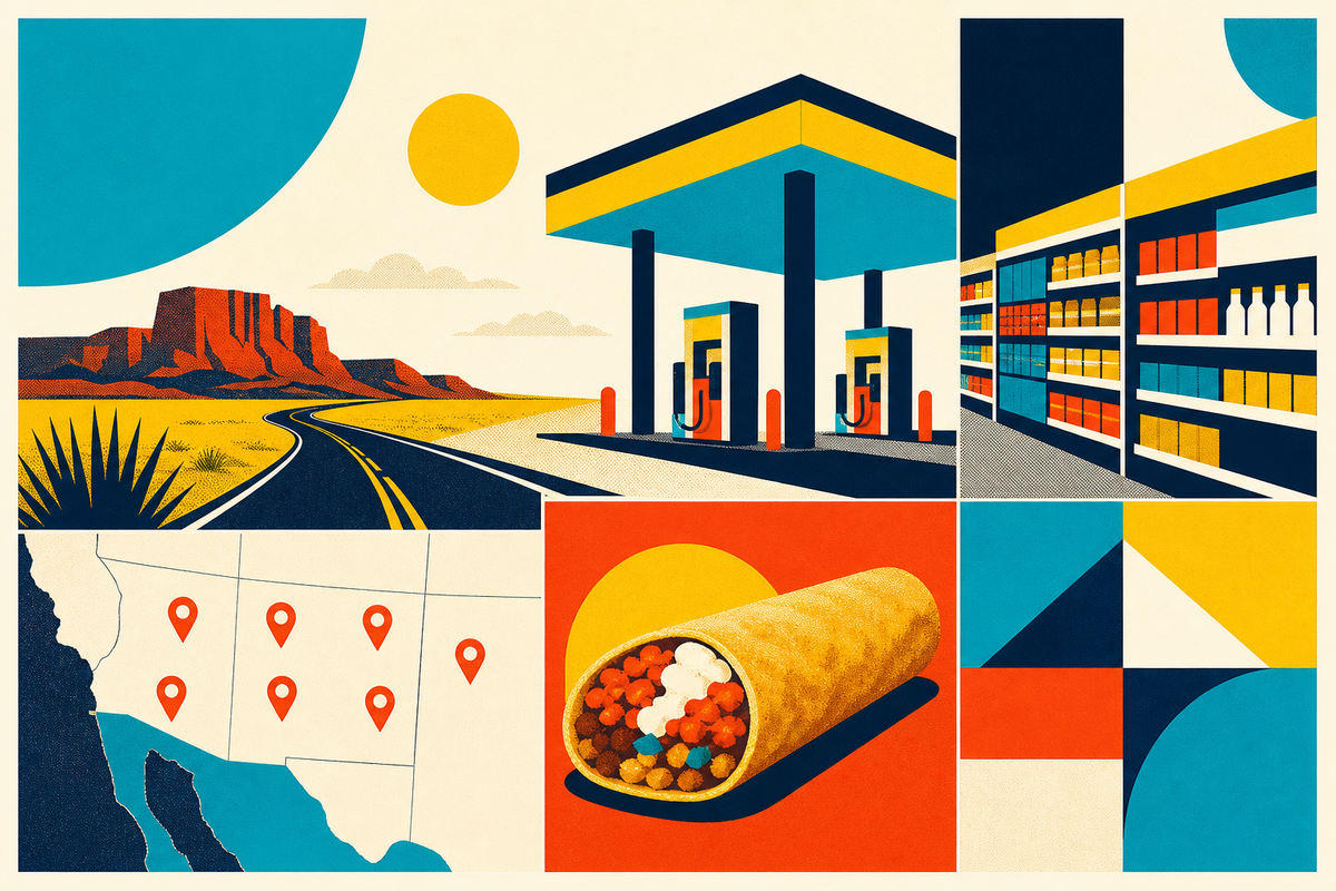 Geometric editorial illustration of a Southwestern highway, fuel station, convenience-store shelves, map pins and a burrito