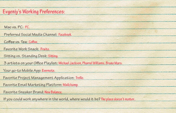 Altynpara's 2017 working-preferences questionnaire, listing coffee, fruit, Evernote, Trello and his office playlist