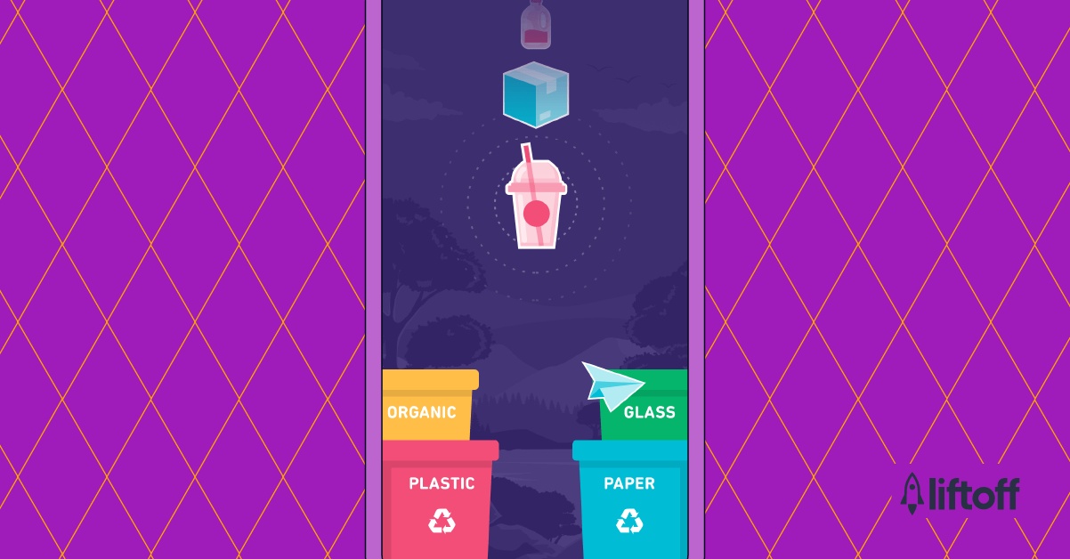 Impulse game artwork showing objects being sorted into labelled recycling bins