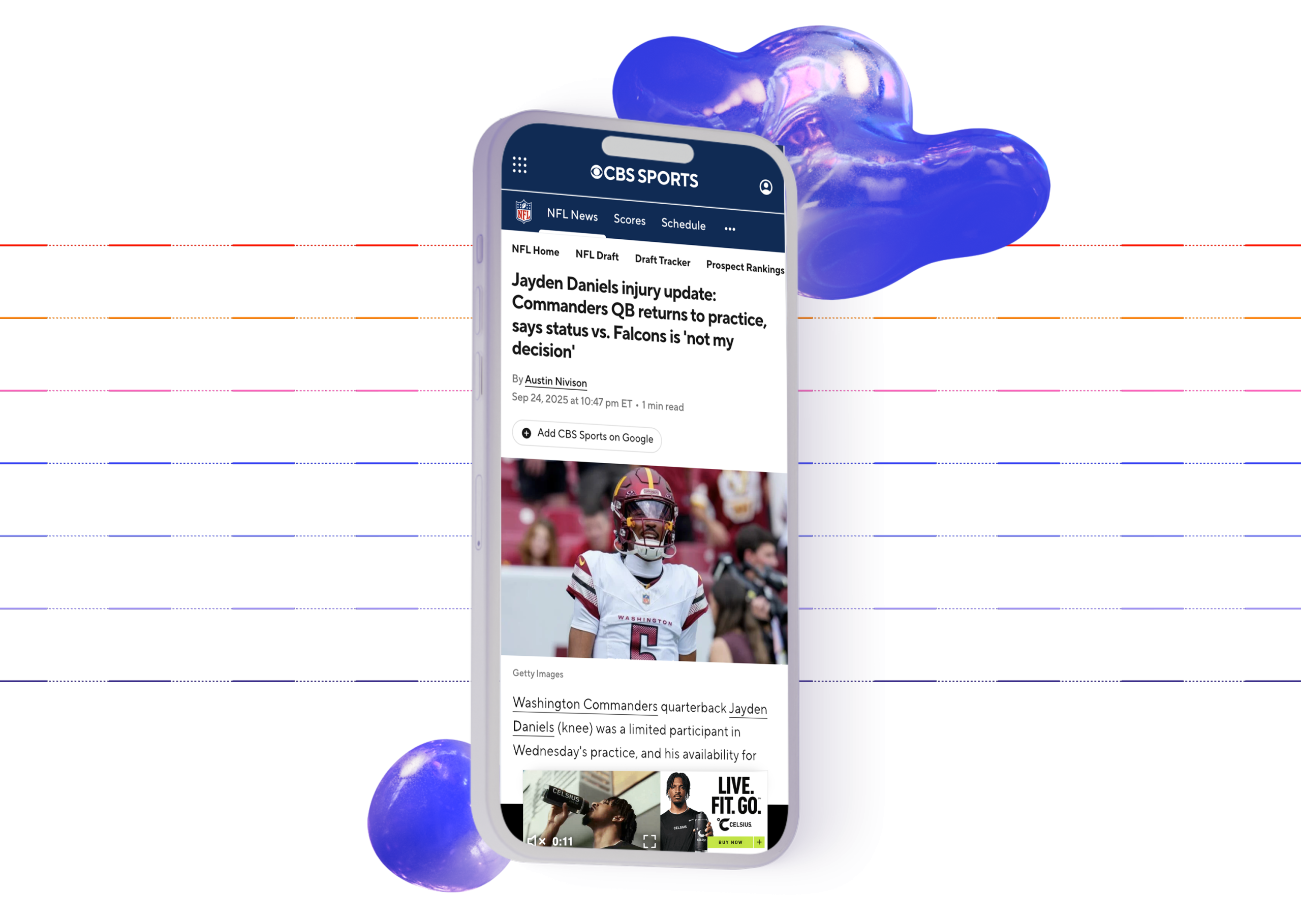 Yieldmo illustration of a mobile sports article with a video adhesion advertisement at the bottom of the screen
