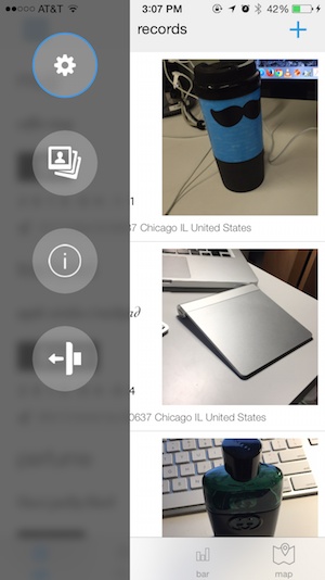 SpendSmarter app screenshot showing a slide-out menu and photographed purchase records