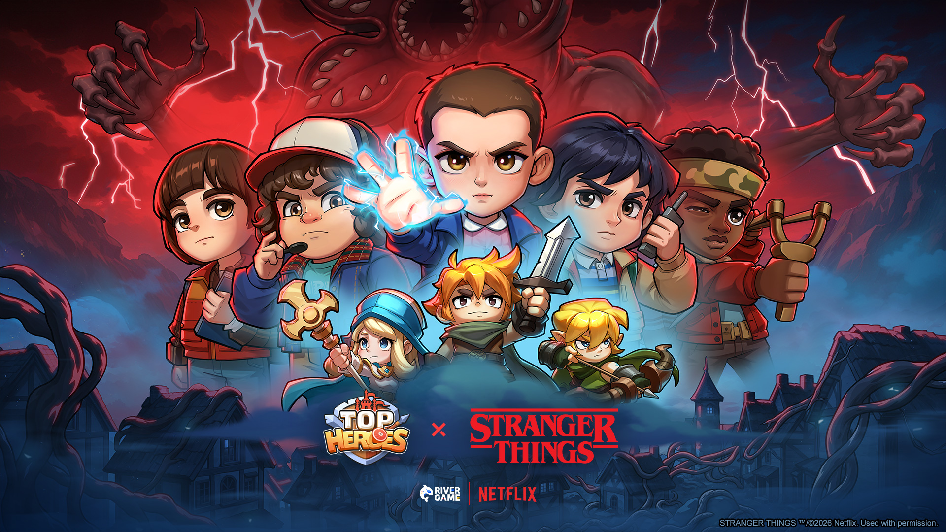 Top Heroes and Stranger Things crossover artwork featuring the two fictional worlds