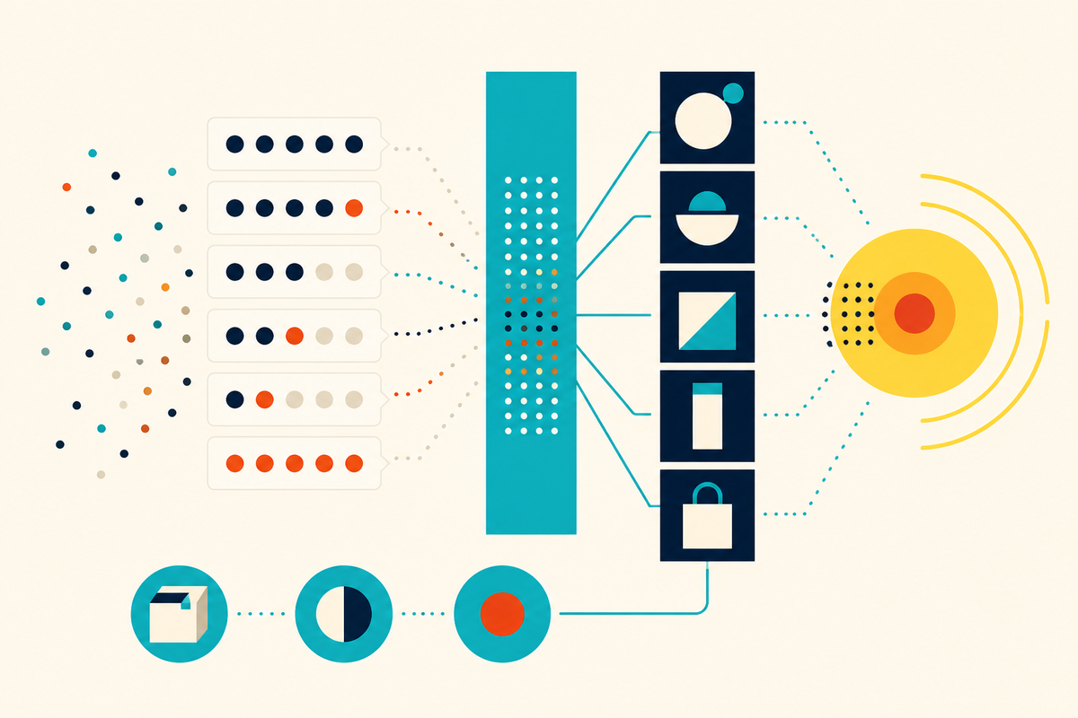 Abstract Swiss-style diagram showing customer signals flowing through commerce data into products and discovery