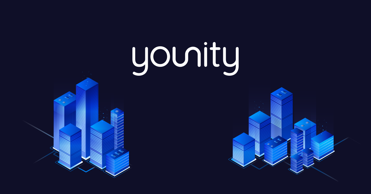 Younity brand cover with logo and stylized smart-building skyline