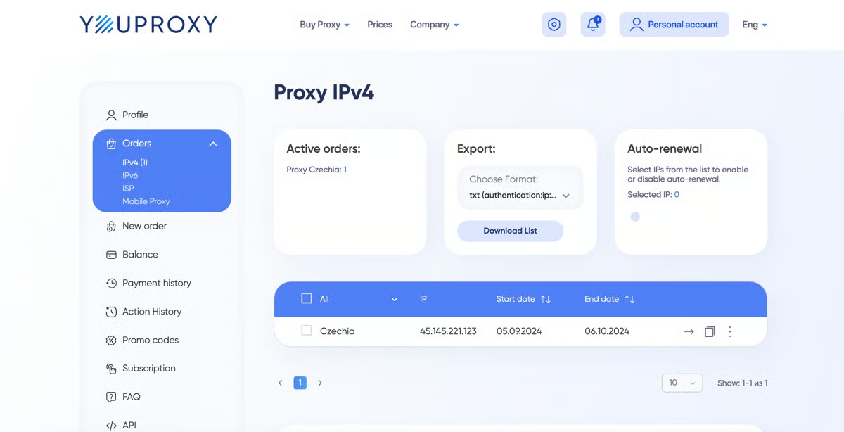 Published YouProxy dashboard screenshot showing active orders, proxy-list export and automatic renewal controls