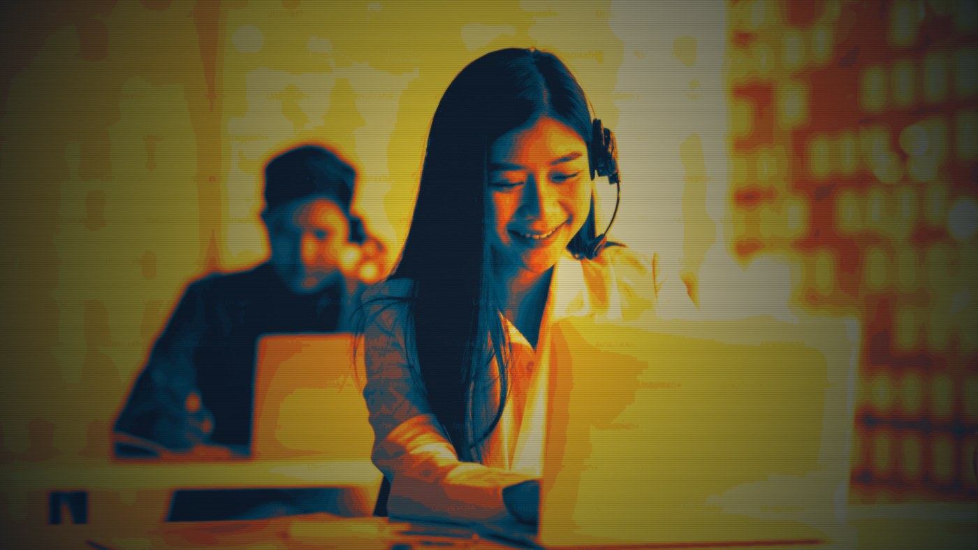 Retro-styled illustration of a smiling customer support agent wearing a headset at a desk