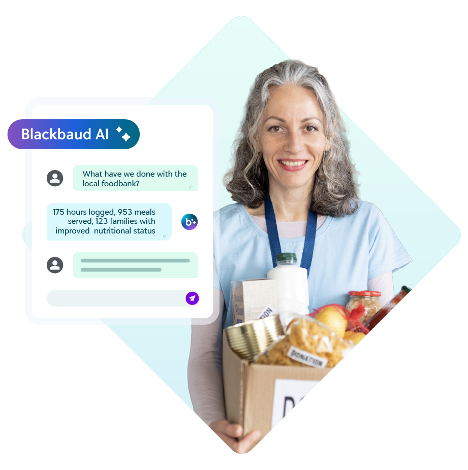 YourCause promotional illustration pairing a food-bank volunteer with a Blackbaud AI conversation about program results