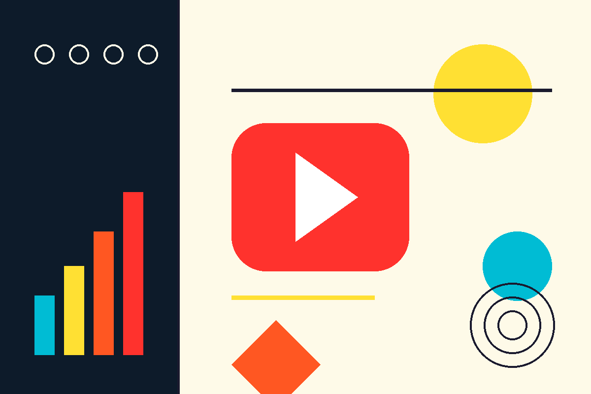 Swiss-style geometric composition with a red play button, growth bars, and orbiting shapes