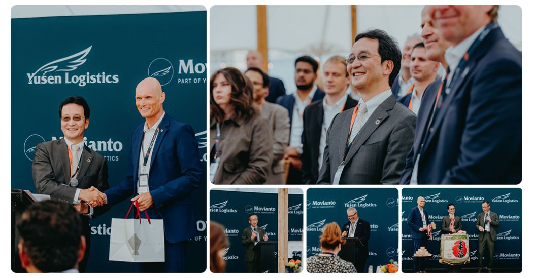 Collage of the Movianto Wiesloch facility inauguration and Japanese sake-barrel opening ceremony